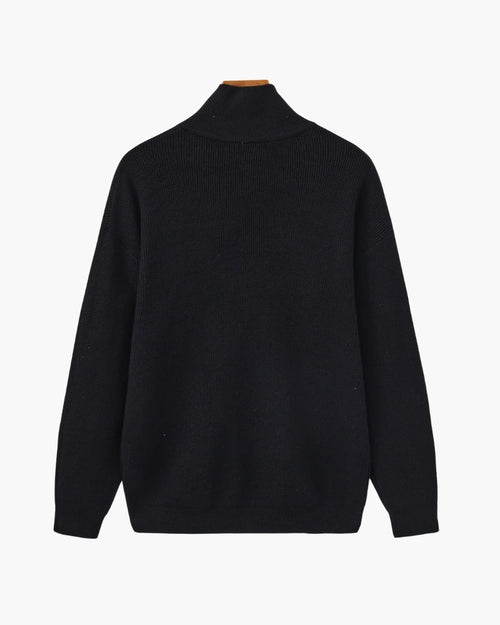 Men's Fine-Rib Half-Zip Jumper with a Stand Collar - Black