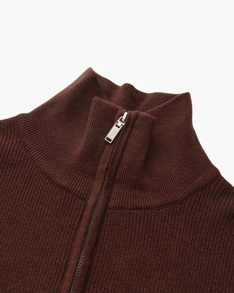 Men's Fine-Rib Half-Zip Jumper with a Stand Collar - Burgundy