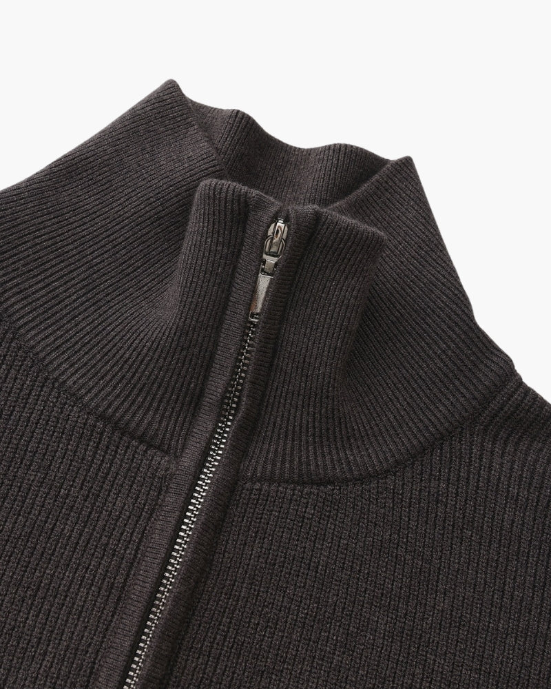 Men's Fine-Rib Half-Zip Jumper with a Stand Collar - Dark Grey