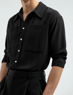 Men's Fine-Stripe Button Shirt with a Chest Pocket - Black
