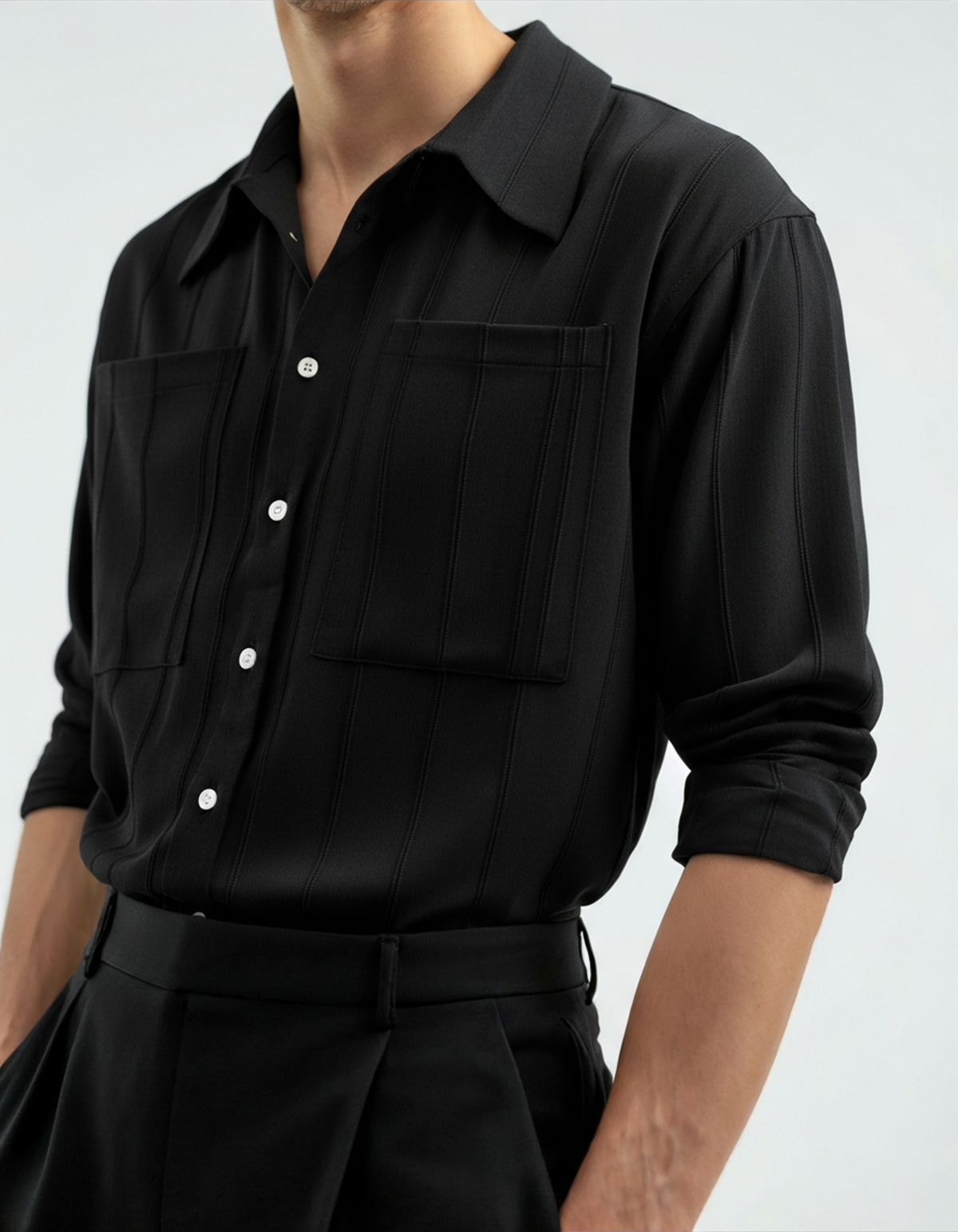 Men's Fine-Stripe Button Shirt with a Chest Pocket - Black