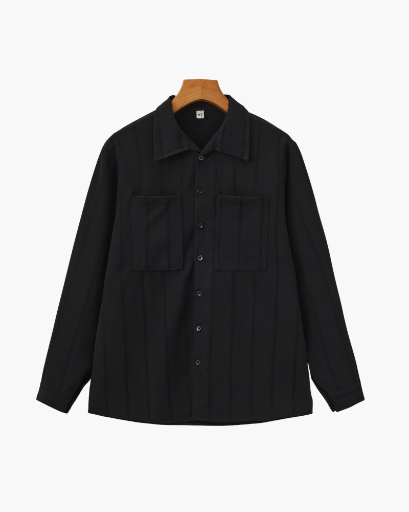 Men's Fine-Stripe Button Shirt with a Chest Pocket - Black