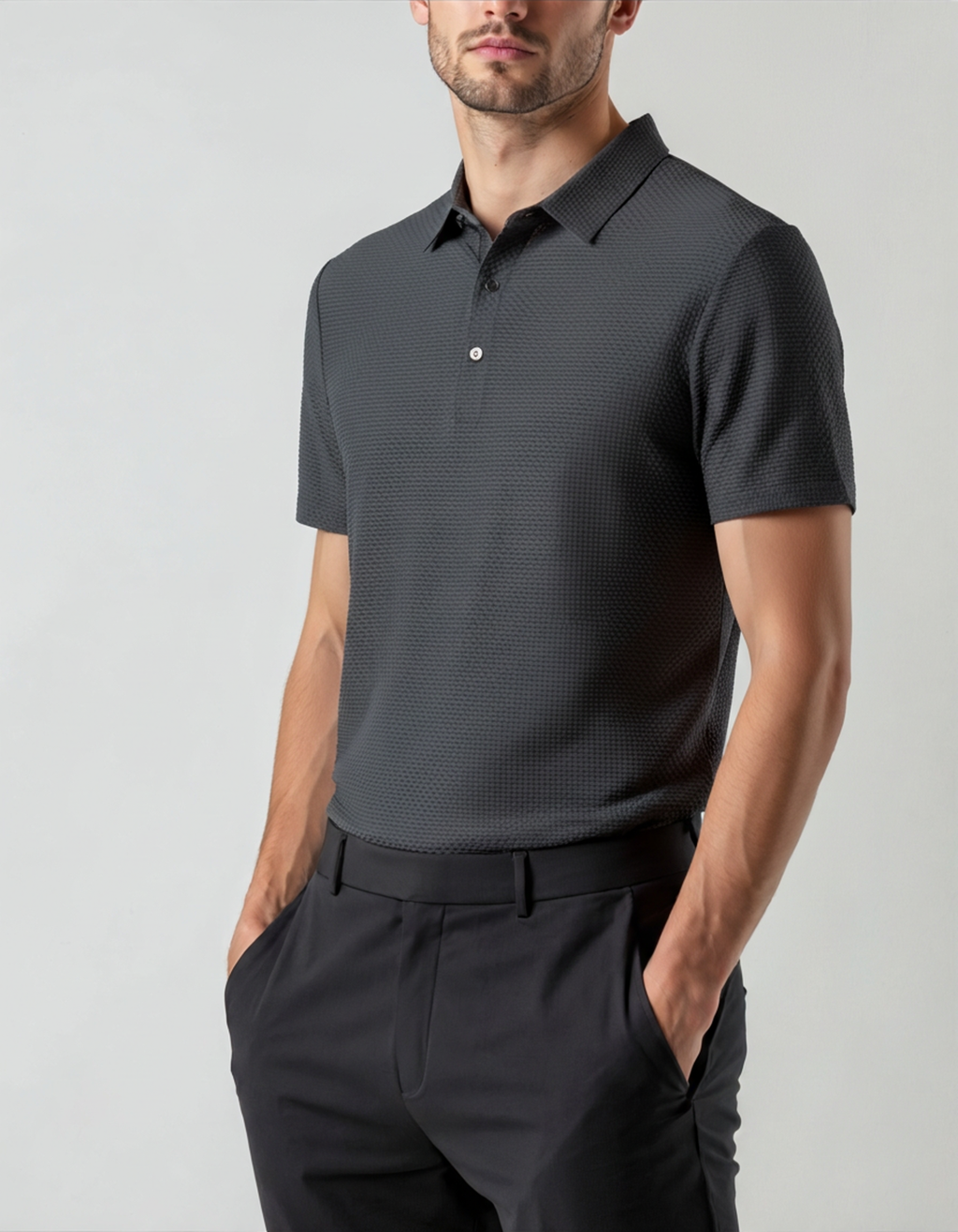 Men's Fine-Texture Button Polo with Short Sleeves - Black
