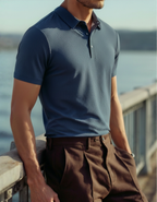 Men's Fine-Texture Button Polo with Short Sleeves - Navy Blue