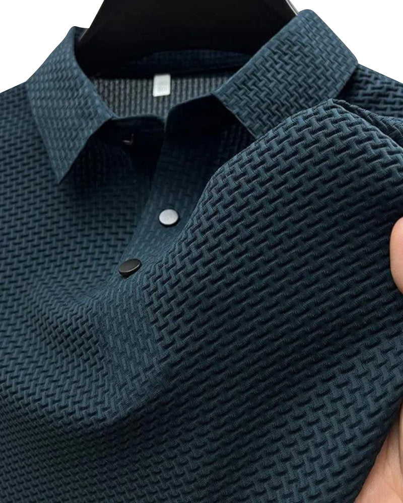 Men's Fine-Texture Button Polo with Short Sleeves - Navy Blue