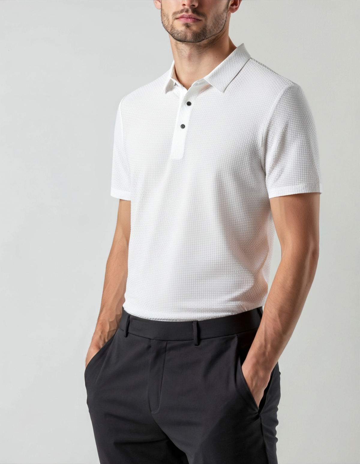 Men's Fine-Texture Button Polo with Short Sleeves - White
