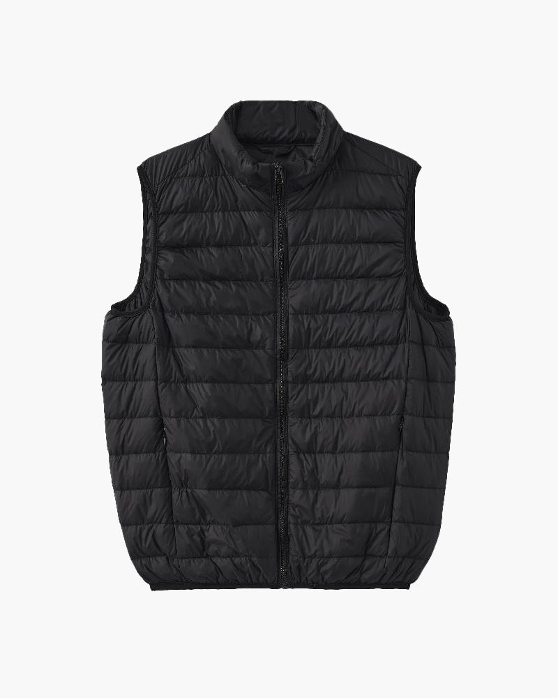 Men's Horizontally Quilted Gilet with a Stand Collar - Black
