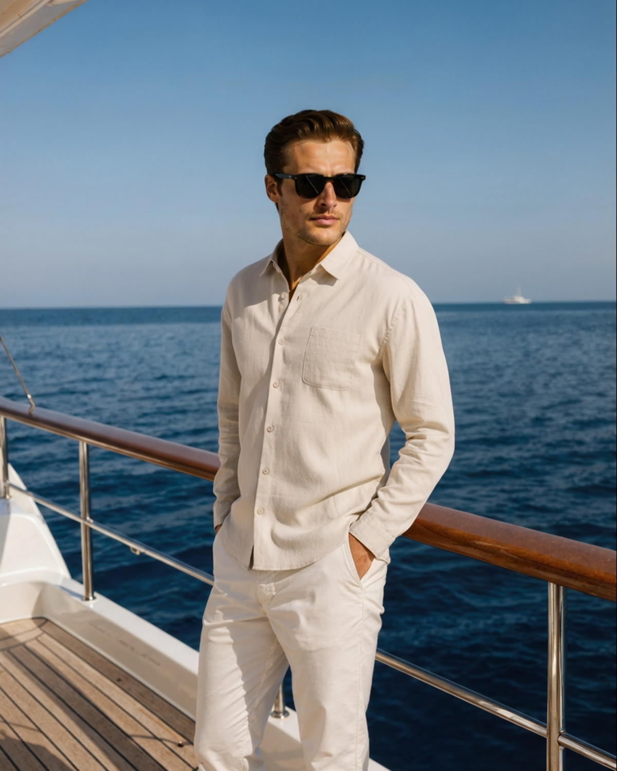 Men's Long-Sleeve Pocket Shirt with a Curved Hem - Beige