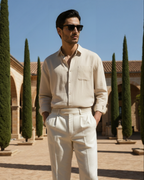 Men's Long-Sleeve Pocket Shirt with a Curved Hem - Beige