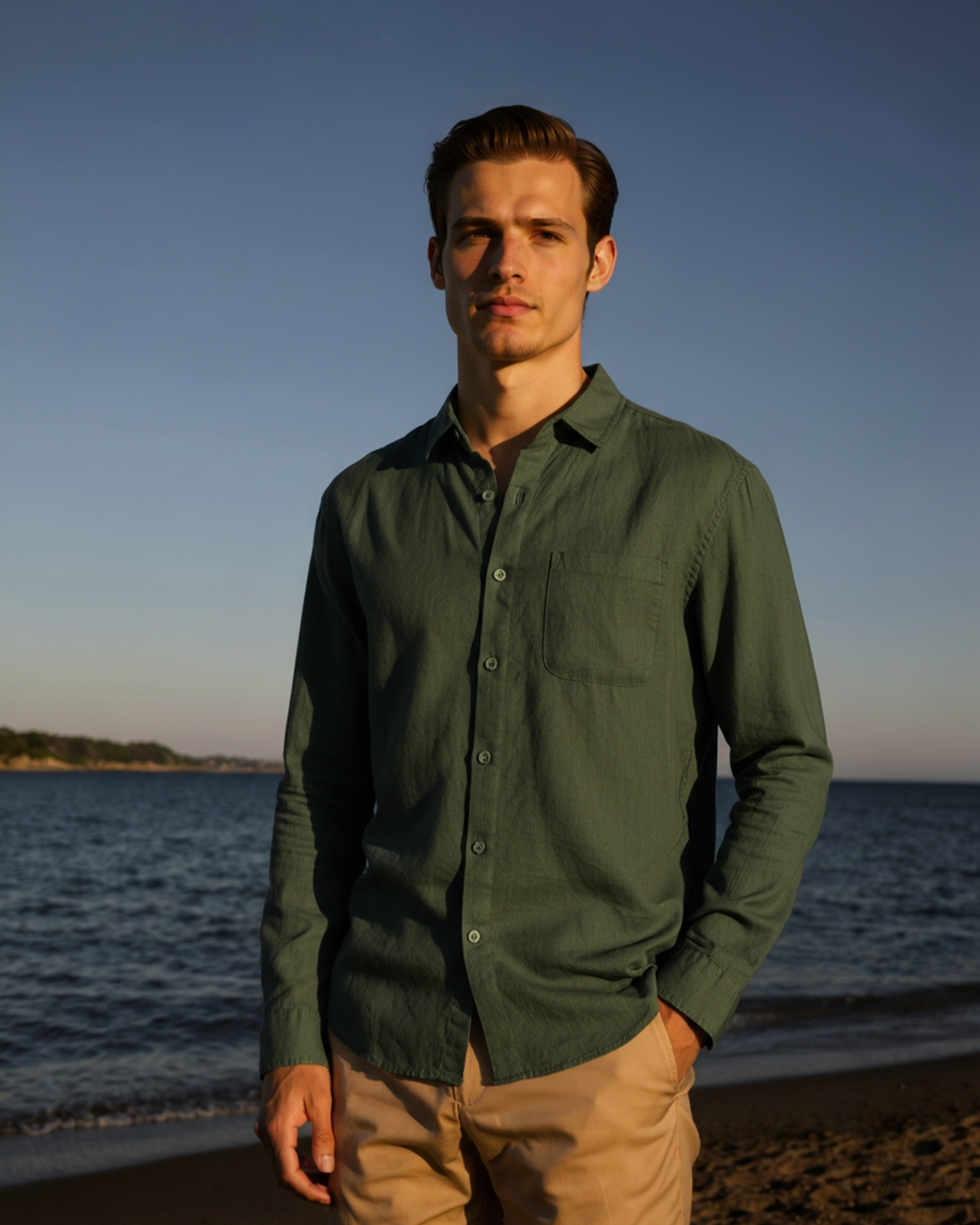 Men's Long-Sleeve Pocket Shirt with a Curved Hem - Green