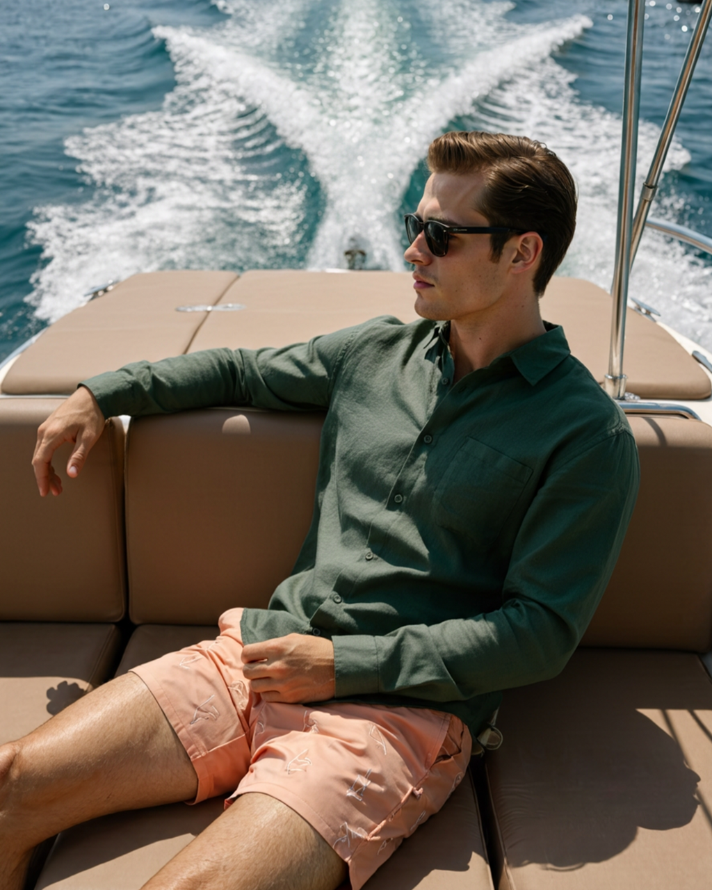Men's Long-Sleeve Pocket Shirt with a Curved Hem - Green