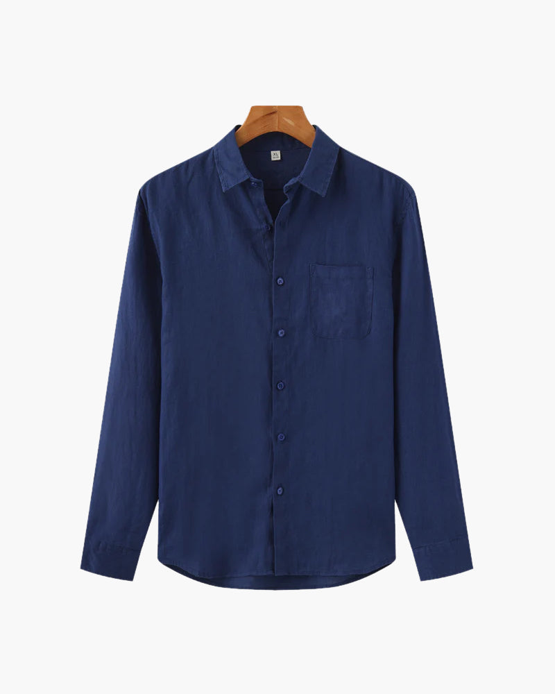 Men's Long-Sleeve Pocket Shirt with a Curved Hem - Blue