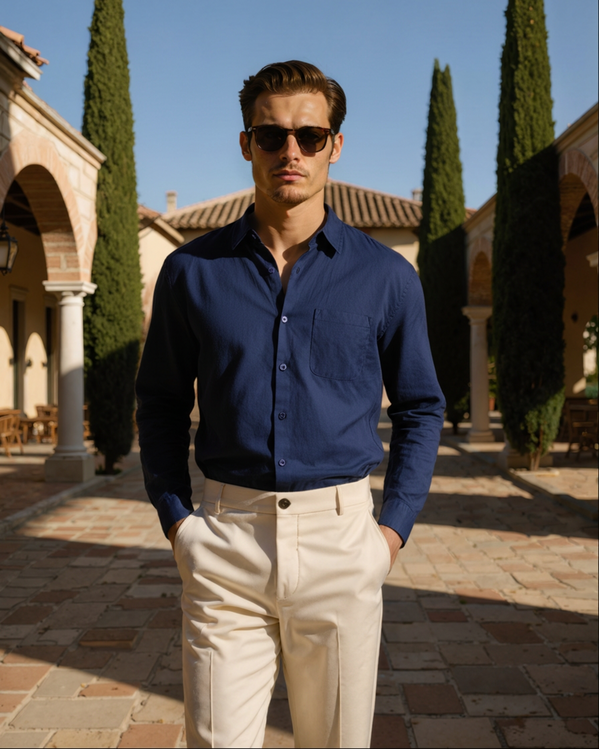 Men's Long-Sleeve Pocket Shirt with a Curved Hem - Blue