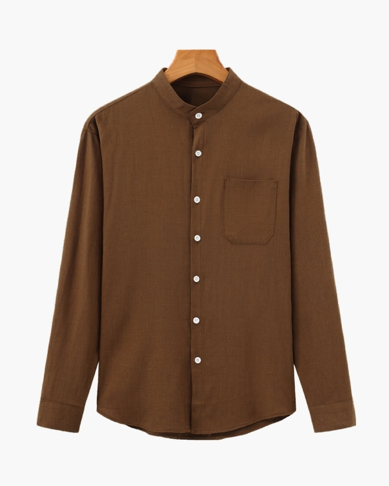 Men's Mandarin-Collar Shirt with a Chest Pocket - Brown