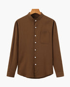 Men's Mandarin-Collar Shirt with a Chest Pocket - Brown