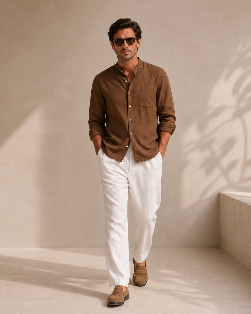 Men's Mandarin-Collar Shirt with a Chest Pocket - Brown