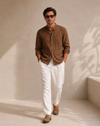 Men's Mandarin-Collar Shirt with a Chest Pocket - Brown
