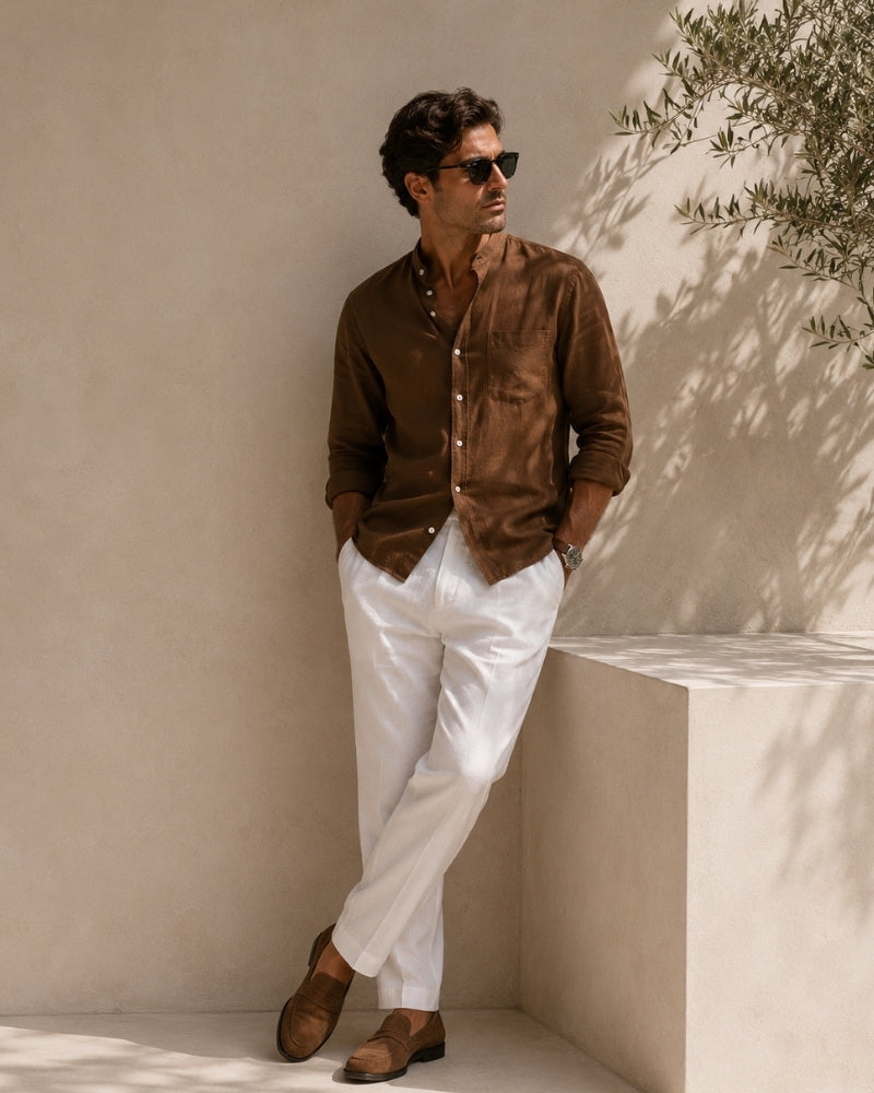 Men's Mandarin-Collar Shirt with a Chest Pocket - Brown