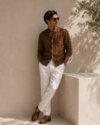 Men's Mandarin-Collar Shirt with a Chest Pocket - Brown