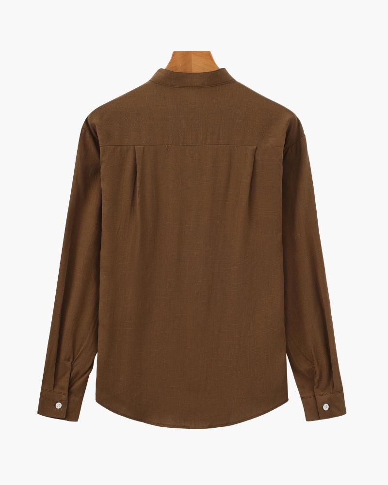 Men's Mandarin-Collar Shirt with a Chest Pocket - Brown