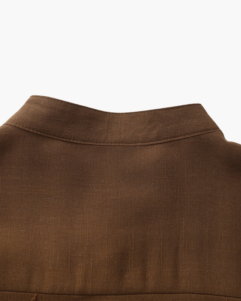 Men's Mandarin-Collar Shirt with a Chest Pocket - Brown