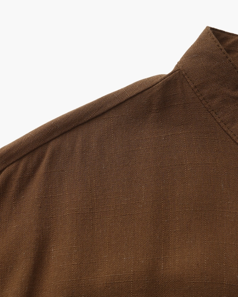 Men's Mandarin-Collar Shirt with a Chest Pocket - Brown