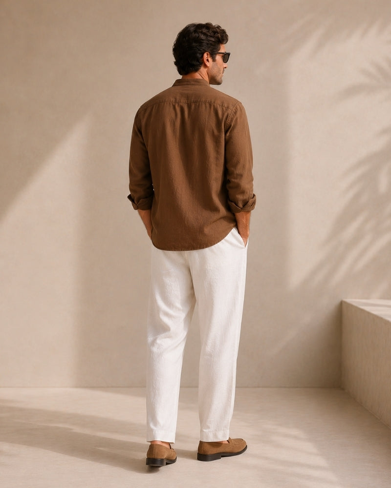 Men's Mandarin-Collar Shirt with a Chest Pocket - Brown
