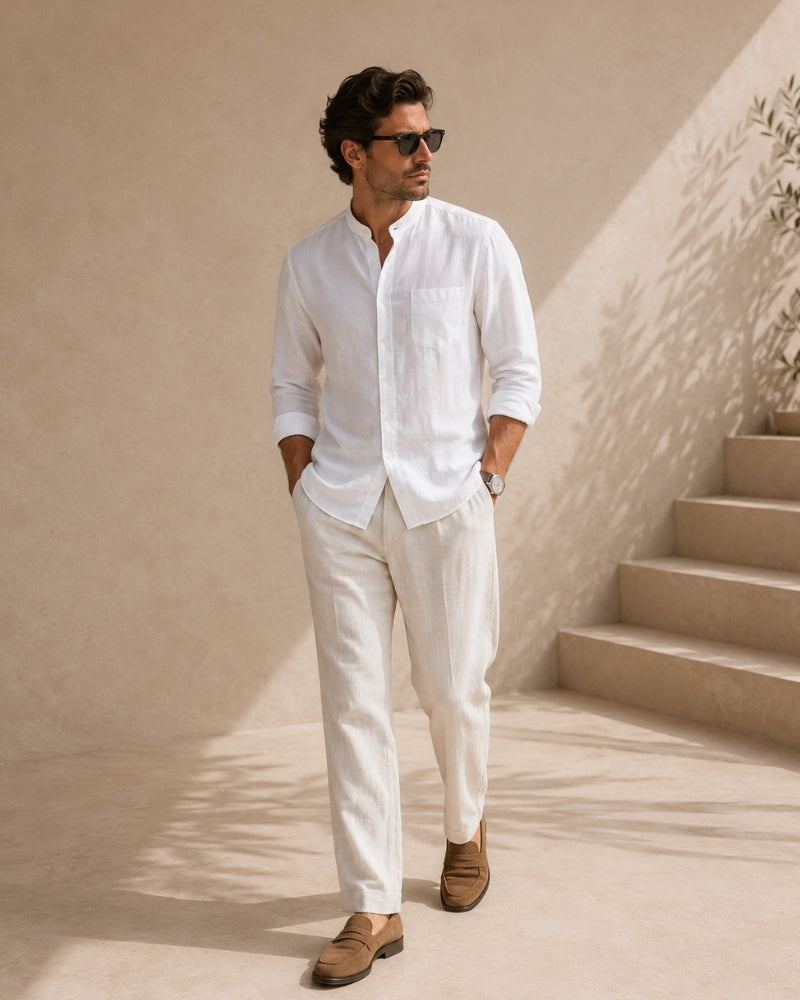 Men's Mandarin-Collar Shirt with a Chest Pocket - White