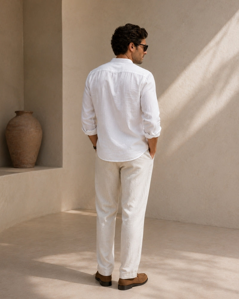 Men's Mandarin-Collar Shirt with a Chest Pocket - White
