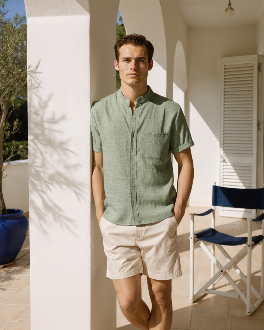 Men's Mandarin-Collar Short-Sleeve Shirt with Pocket - Green