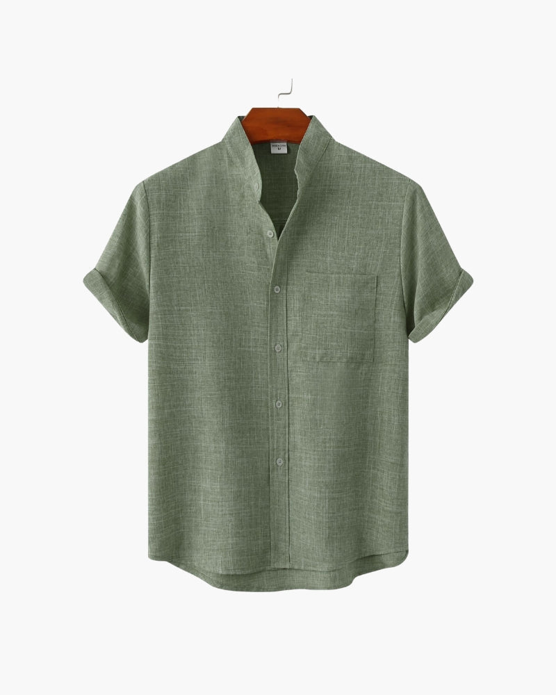 Men's Mandarin-Collar Short-Sleeve Shirt with Pocket - Green