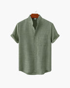 Men's Mandarin-Collar Short-Sleeve Shirt with Pocket - Green