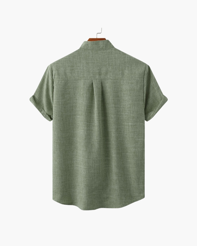 Men's Mandarin-Collar Short-Sleeve Shirt with Pocket - Green
