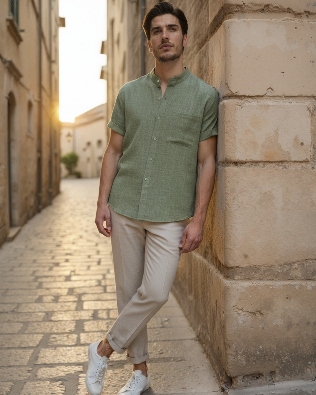 Men's Mandarin-Collar Short-Sleeve Shirt with Pocket - Green