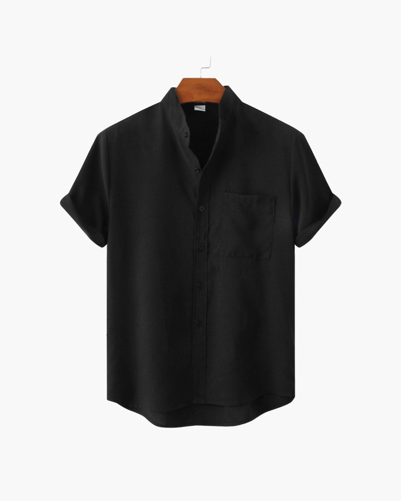 Men's Mandarin-Collar Short-Sleeve Shirt with Pocket - Black