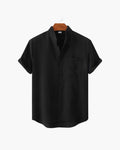 Men's Mandarin-Collar Short-Sleeve Shirt with Pocket - Black