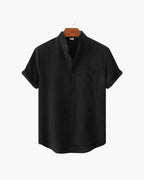 Men's Mandarin-Collar Short-Sleeve Shirt with Pocket - Black