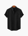 Men's Mandarin-Collar Short-Sleeve Shirt with Pocket - Black
