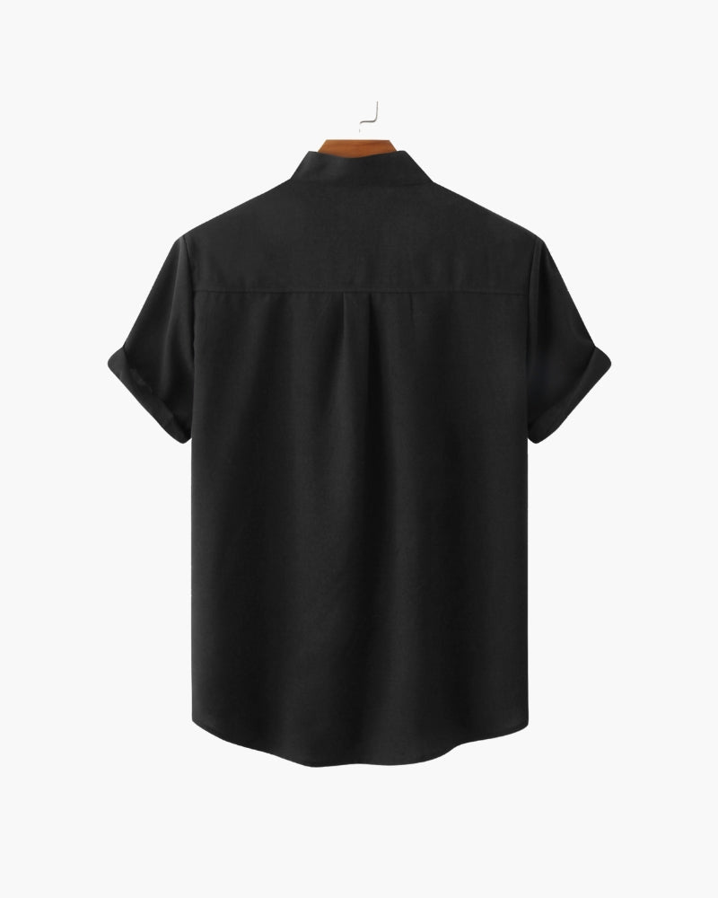 Men's Mandarin-Collar Short-Sleeve Shirt with Pocket - Black