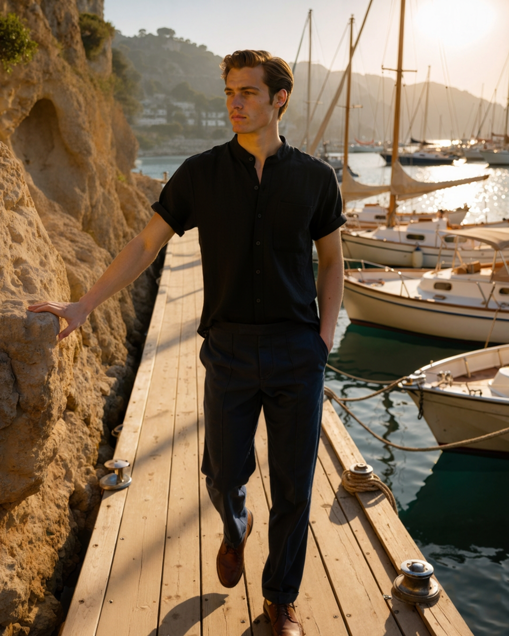 Men's Mandarin-Collar Short-Sleeve Shirt with Pocket - Black
