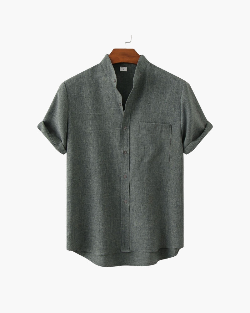 Men's Mandarin-Collar Short-Sleeve Shirt with Pocket - Grey