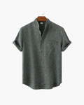 Men's Mandarin-Collar Short-Sleeve Shirt with Pocket - Grey