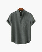 Men's Mandarin-Collar Short-Sleeve Shirt with Pocket - Grey