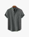 Men's Mandarin-Collar Short-Sleeve Shirt with Pocket - Grey