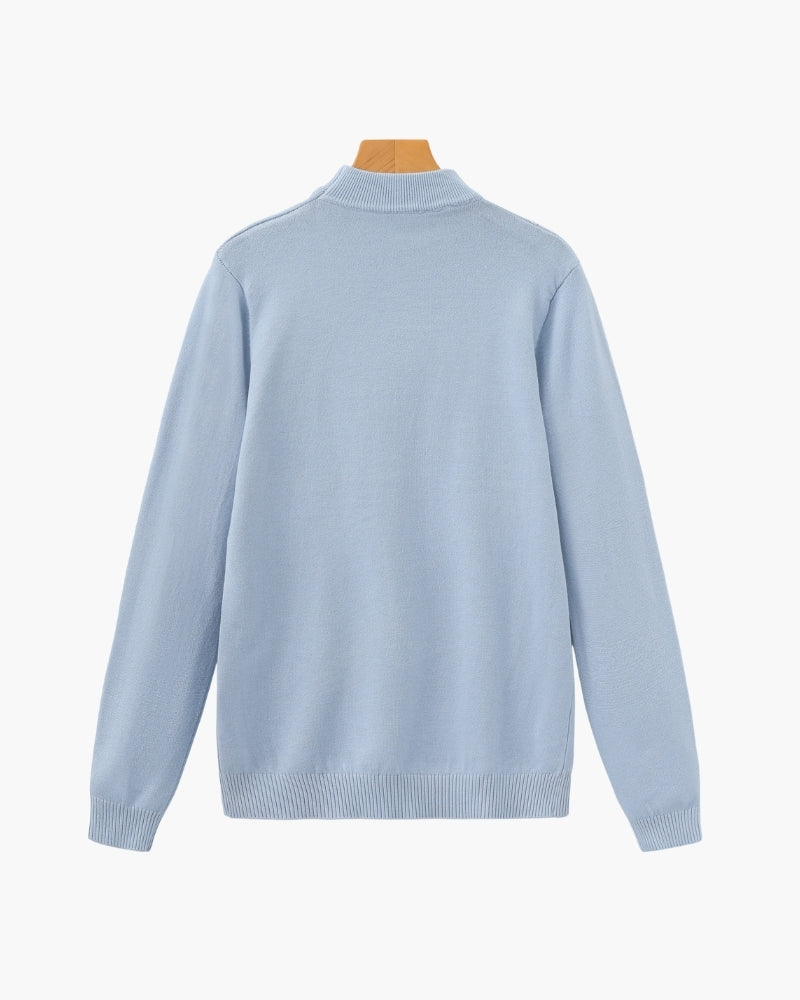 Men's Mock-Neck Jumper with Ribbed Edges and Cuffs - Sky Blue