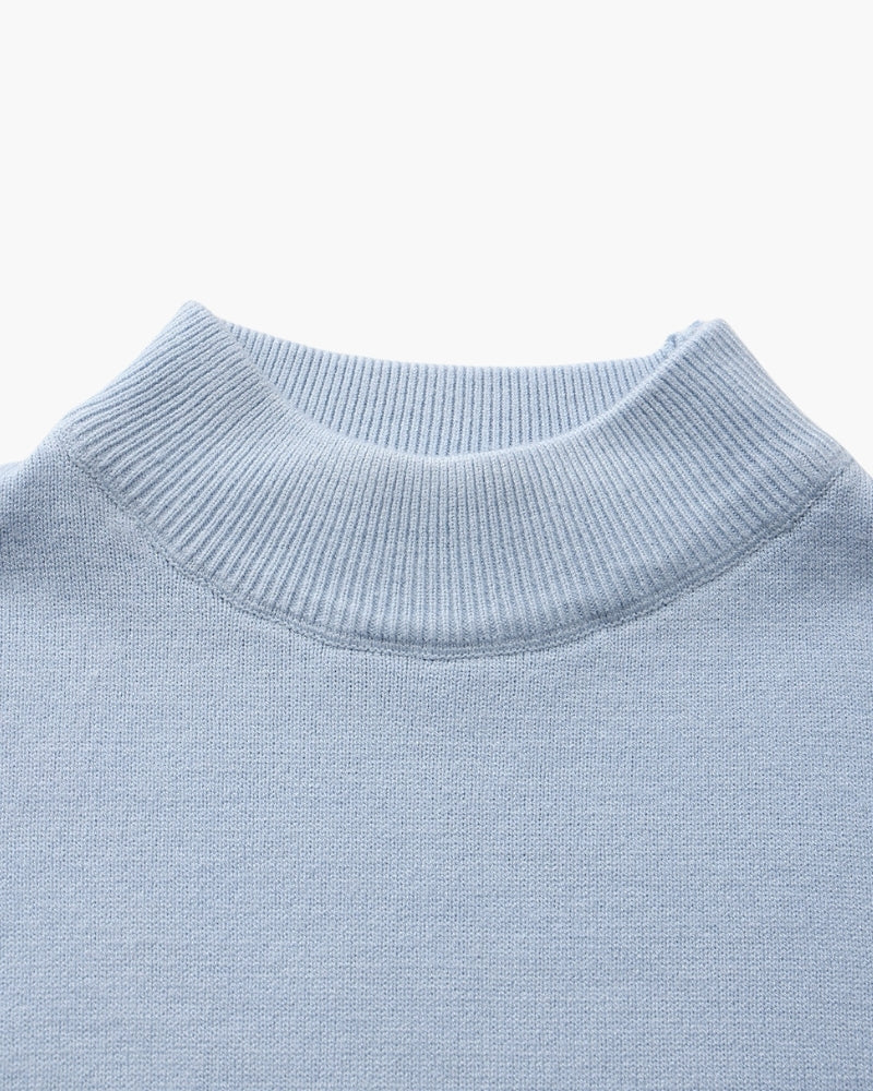 Men's Mock-Neck Jumper with Ribbed Edges and Cuffs - Sky Blue