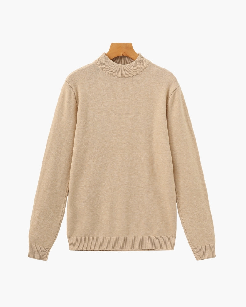 Men's Mock-Neck Jumper with Ribbed Edges and Cuffs - Beige