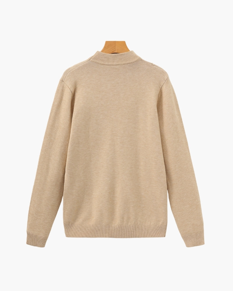Men's Mock-Neck Jumper with Ribbed Edges and Cuffs - Beige