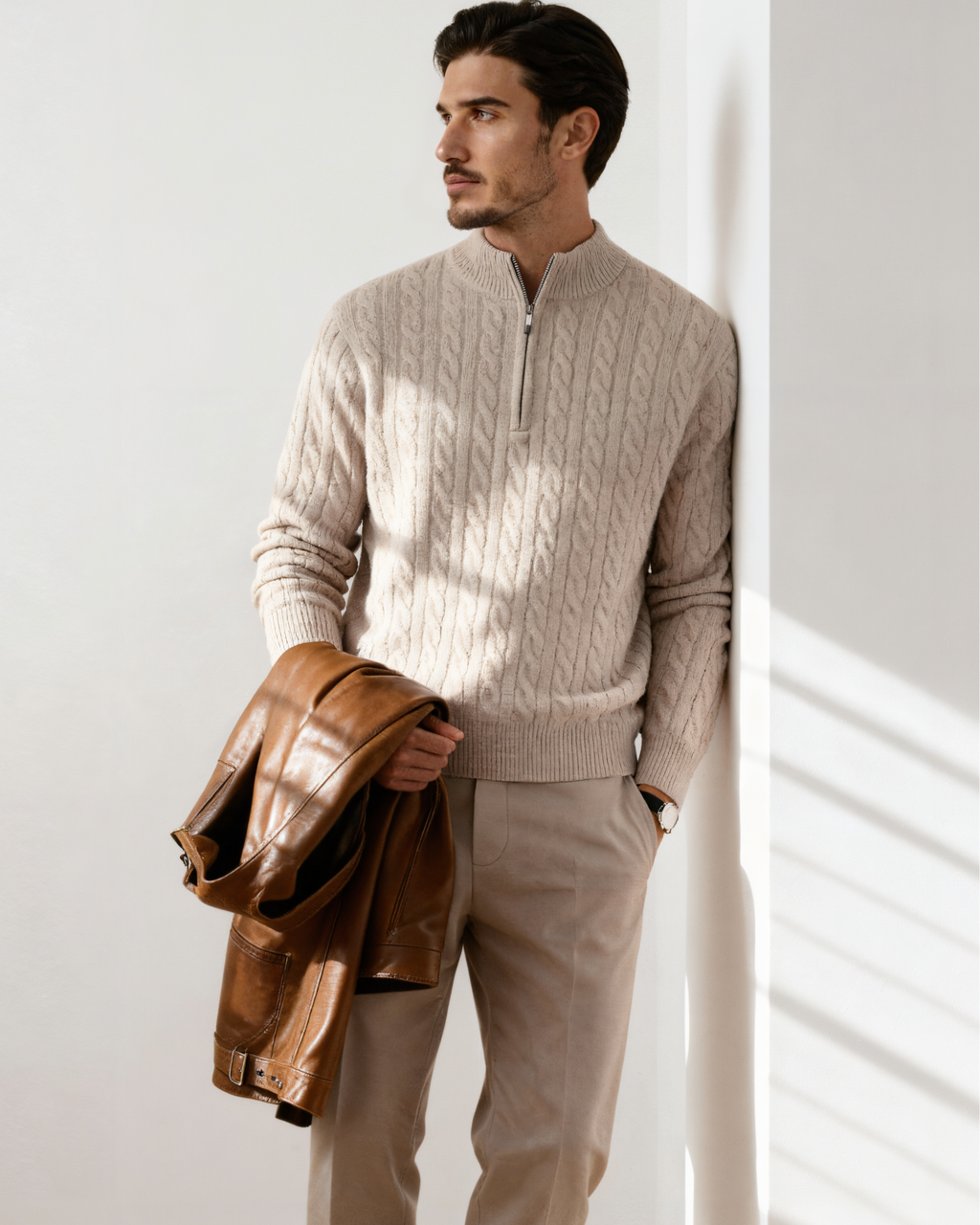 Men's Narrow-Cable Half-Zip Jumper with Low Collar - Beige