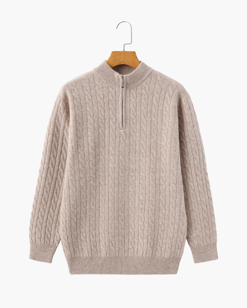 Men's Narrow-Cable Half-Zip Jumper with Low Collar - Beige